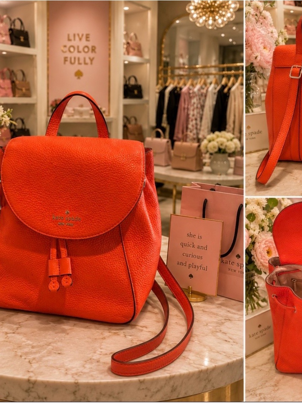kate spade Bright Orange Pebbled Leather Drawstring Backpack